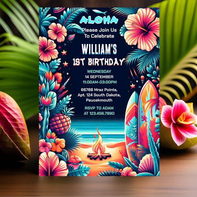 Day Joy hula Luau Surf Aloha Hawaiian 1st Birthday Invitation (Creator Uploaded)