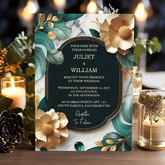 Day Marble Monstera Emerald Green And Gold Wedding Invitation (Creator Uploaded)