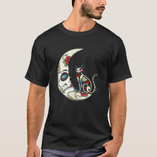 Day Of Dead Cat On He Moon Love Mexican Cat Sugar T-Shirt