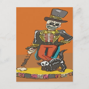 Day of Dead Skelton and Cat Postcard