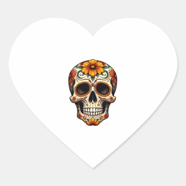 Day Of Dead Sugar Skull Floral Skeleton Head Bone  Heart Sticker (Front)