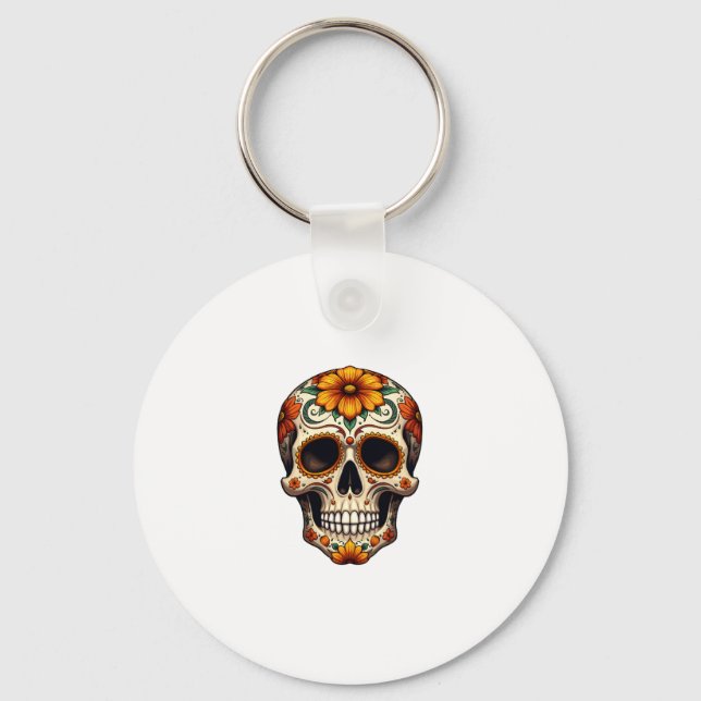 Day Of Dead Sugar Skull Floral Skeleton Head Bone  Key Ring (Front)