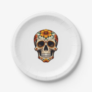 Day Of Dead Sugar Skull Floral Skeleton Head Bone  Paper Plate
