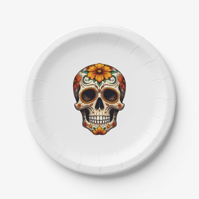 Day Of Dead Sugar Skull Floral Skeleton Head Bone  Paper Plate (Front)