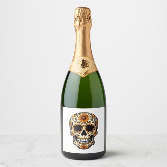 Day Of Dead Sugar Skull Floral Skeleton Head Bone  Sparkling Wine Label (Front)
