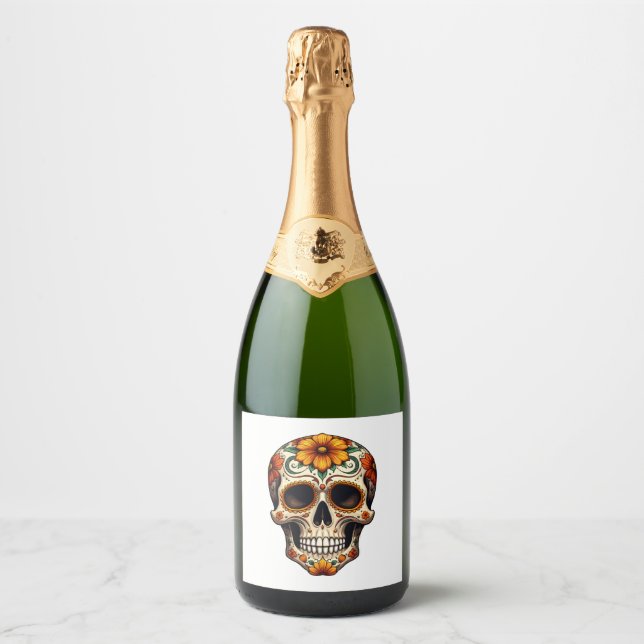 Day Of Dead Sugar Skull Floral Skeleton Head Bone  Sparkling Wine Label (Front)