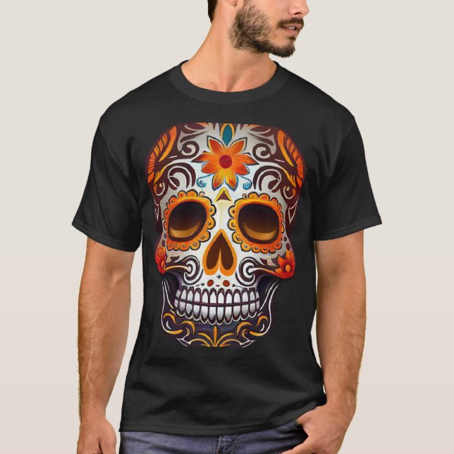 Day Of Dead Sugar Skull Floral Skeleton Head Bone  T-Shirt (Front)