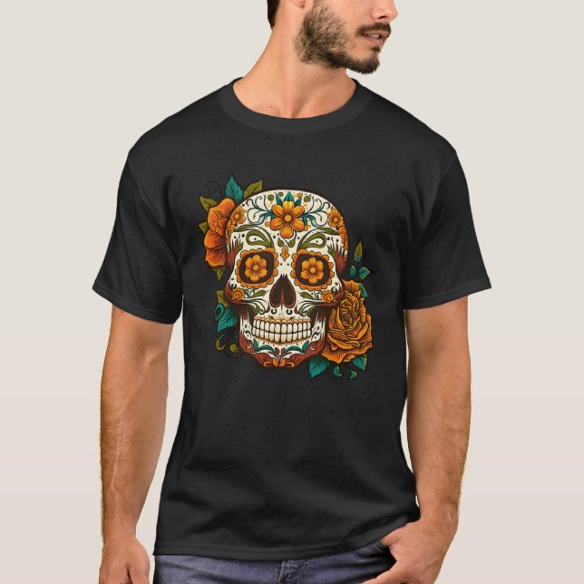 Day Of Dead Sugar Skull Floral Skeleton Head Bone  T-Shirt (Front)