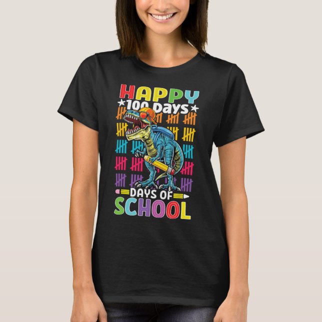 Day Of School Dino Kids Happy 100 Days Dinosaur T- T-Shirt (Front)