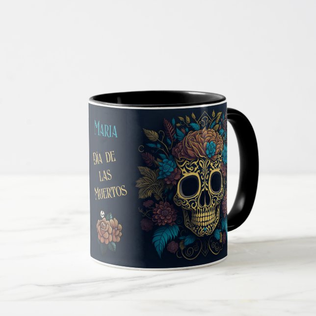 Day of the Dead Add Name Skull Black Inside Mug (Front Right)
