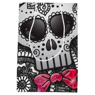 Day of the Dead Black & White Glitter Sugar Skull Medium Gift Bag