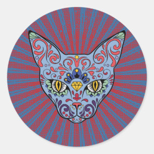 Day of the Dead Blue Cat Sugar Skull Classic Round Sticker