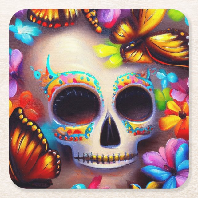 Day of the Dead Butterflies 1 Square Paper Coaster (Front)