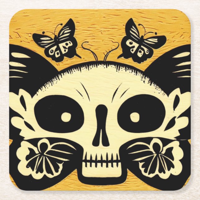 Day of the Dead Butterflies Woodcut 1 Square Paper Coaster (Front)