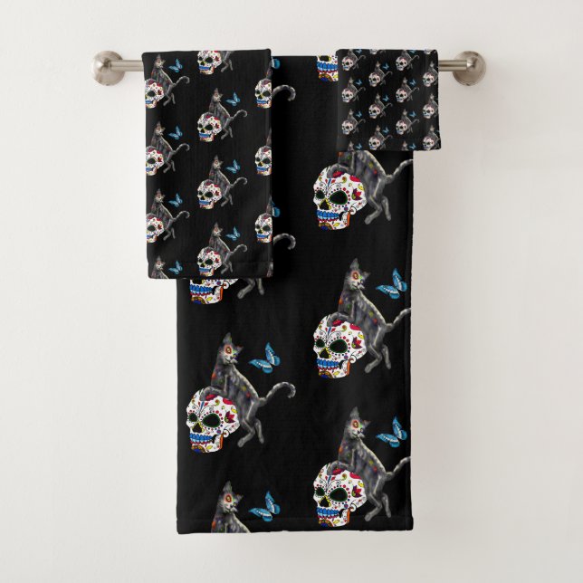 Day Of The Dead Cat Sugar Skull And Butterfly Bath Towel Set (Insitu)