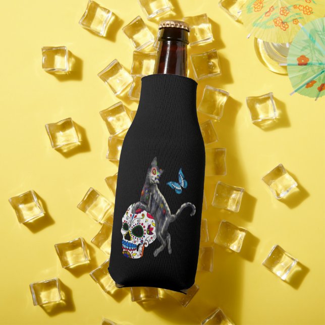Day Of The Dead Cat Sugar Skull And Butterfly Bottle Cooler (In Situ Summer)