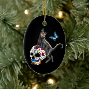 Day Of The Dead Cat Sugar Skull And Butterfly Ceramic Tree Decoration