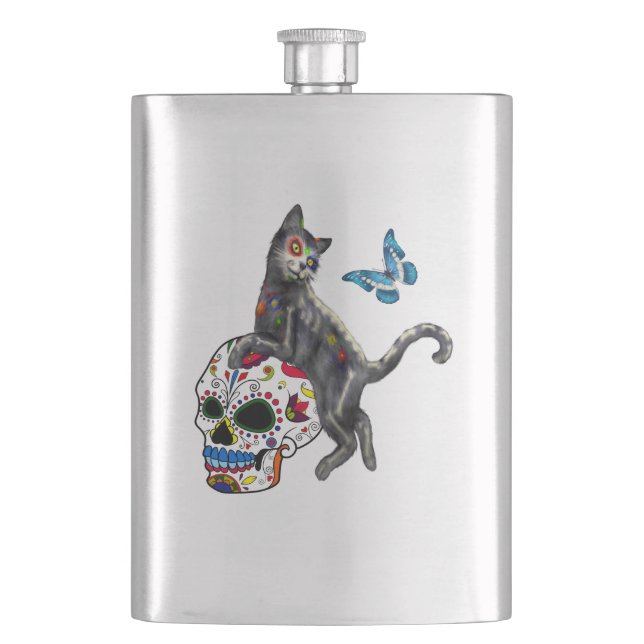 Day Of The Dead Cat Sugar Skull And Butterfly Hip Flask (Front)