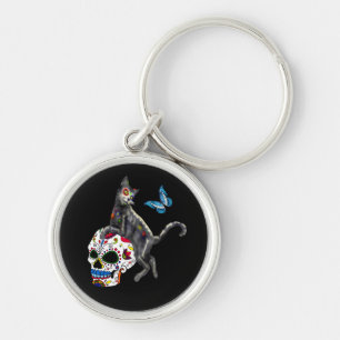 Day Of The Dead Cat Sugar Skull And Butterfly Key Ring
