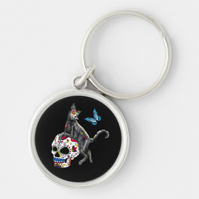 Day Of The Dead Cat Sugar Skull And Butterfly Key Ring (Front)