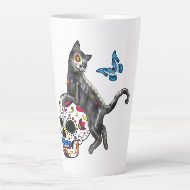 Day Of The Dead Cat Sugar Skull And Butterfly Latte Mug (Front)