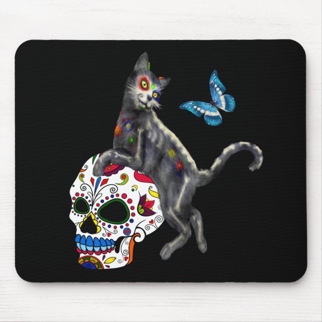 Day Of The Dead Cat Sugar Skull And Butterfly Mouse Mat (Front)