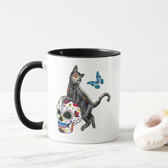 Day Of The Dead Cat Sugar Skull And Butterfly Mug (With Donut)