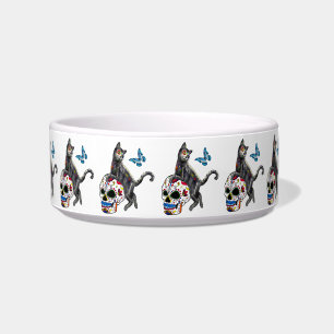 Day Of The Dead Cat Sugar Skull And Butterfly Pet Bowl