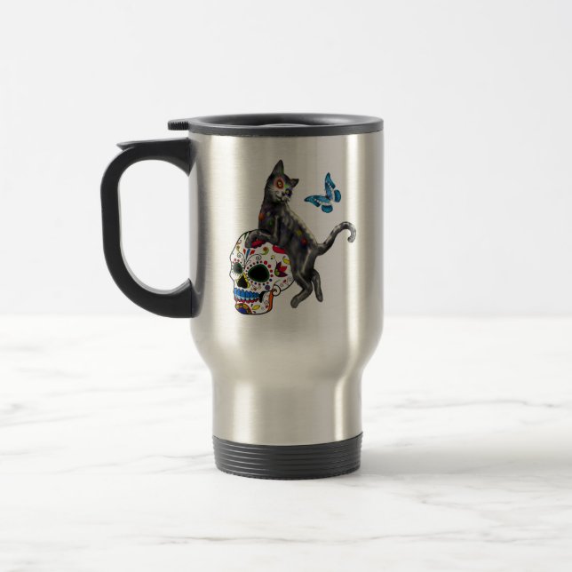 Day Of The Dead Cat Sugar Skull And Butterfly Travel Mug (Left)