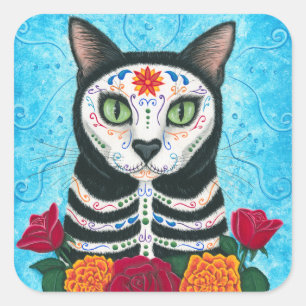 Day of the Dead Cat Sugar Skull Art Sticker