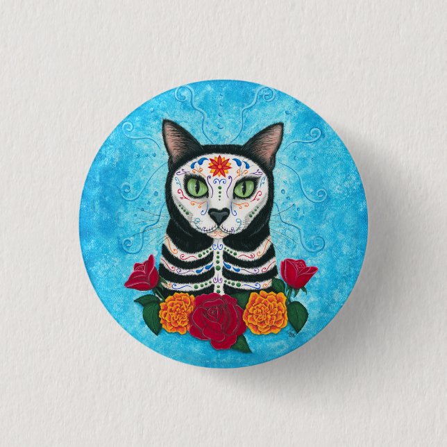 Day of the Dead Cat Sugar Skull Cat Art 3 Cm Round Badge (Front)