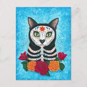 Day of the Dead Cat Sugar Skull Cat Art Postcard