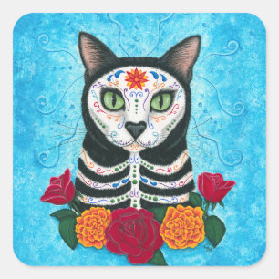 Day of the Dead Cat Sugar Skull Cat Art Square Sticker