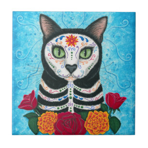 Day of the Dead Cat, Sugar Skull Cat Art Tile