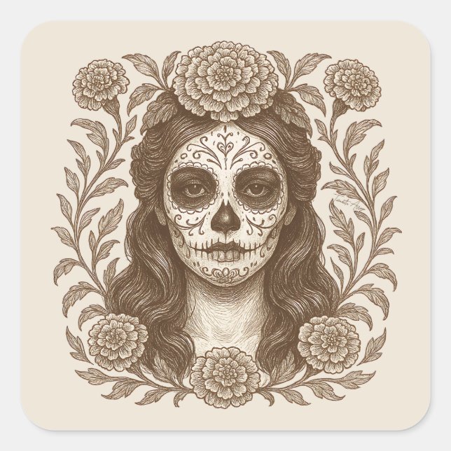 Day of the Dead Catrina Aztec Marigold Drawing Square Sticker (Front)