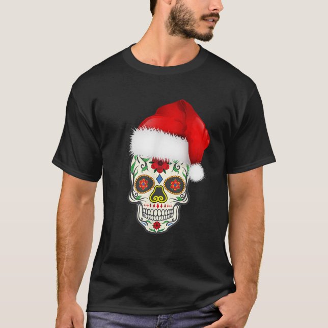 Day Of The Dead Christmas Santa Hat Sugar Skull Pa T-Shirt (Front)