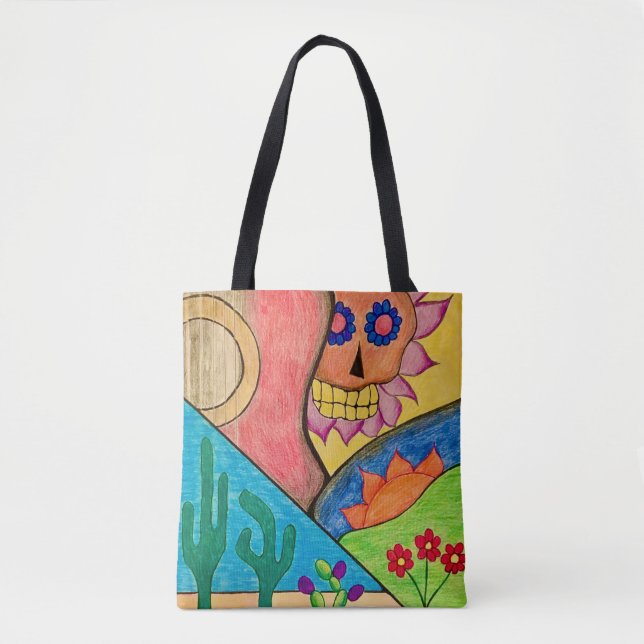 Day of the Dead Colourful Skull Guitar Red Tote Bag (Front)