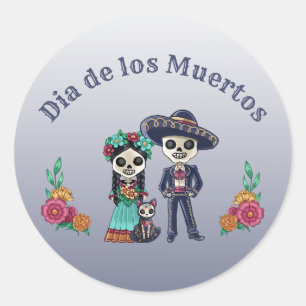 Day of the Dead Couple and Cat Classic Round Sticker
