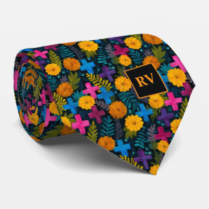Day of the Dead Crosses and Marigolds  Tie
