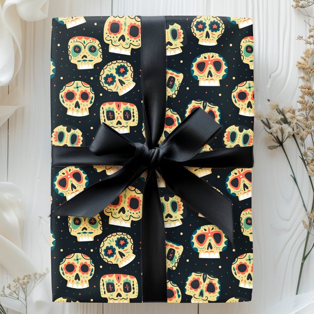 Day Of The Dead Dark Colourful Sugar Skull Pattern Wrapping Paper (Creator Uploaded)