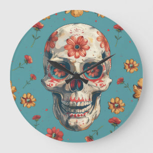 Day of the Dead design with skull and flowers Large Clock