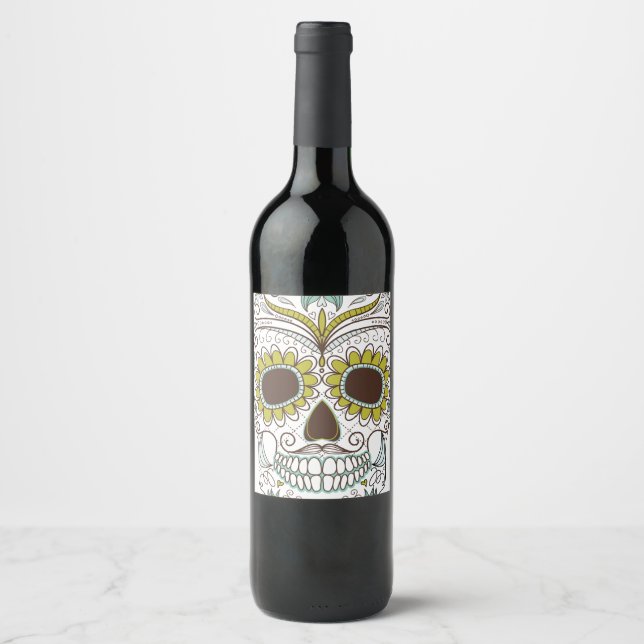 Day of the Dead Floral Skull Wine Label (Front)