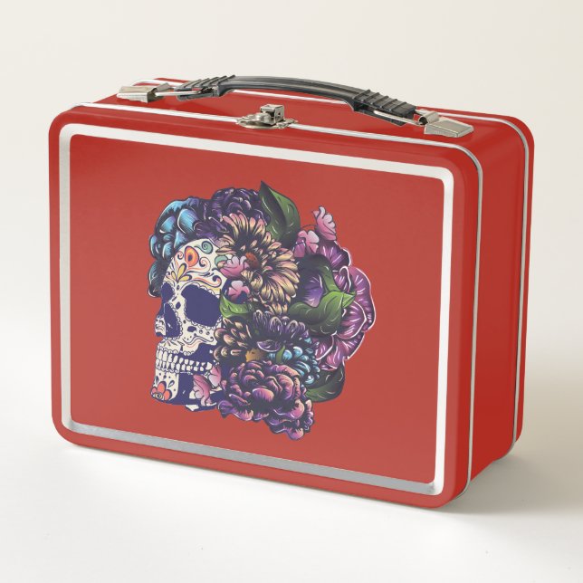 Day of the dead floral sugar skull with flowers metal lunch box (Front)