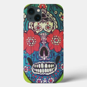 Day of the Dead Funky Blue and Green Sugar Skull iPhone 13 Case