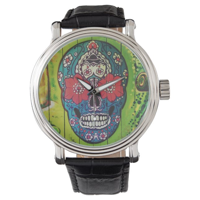Day of the Dead Funky Blue and Green Sugar Skull Watch (Front)