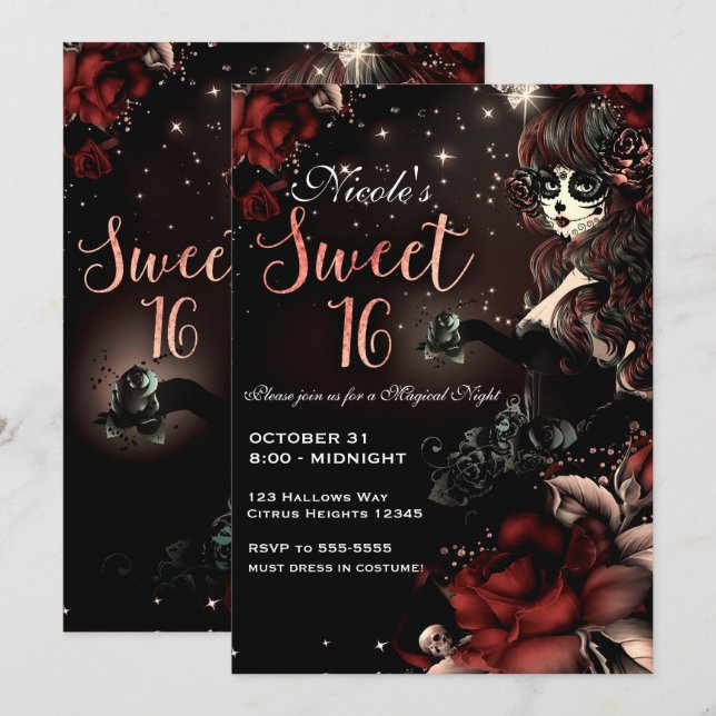 Day of the Dead Girl Black Red Sweet 16 Party Invitation (Front/Back)
