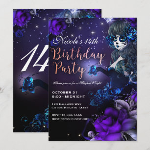 Day of the Dead Girl Purple Blue Birthday Party Invitation