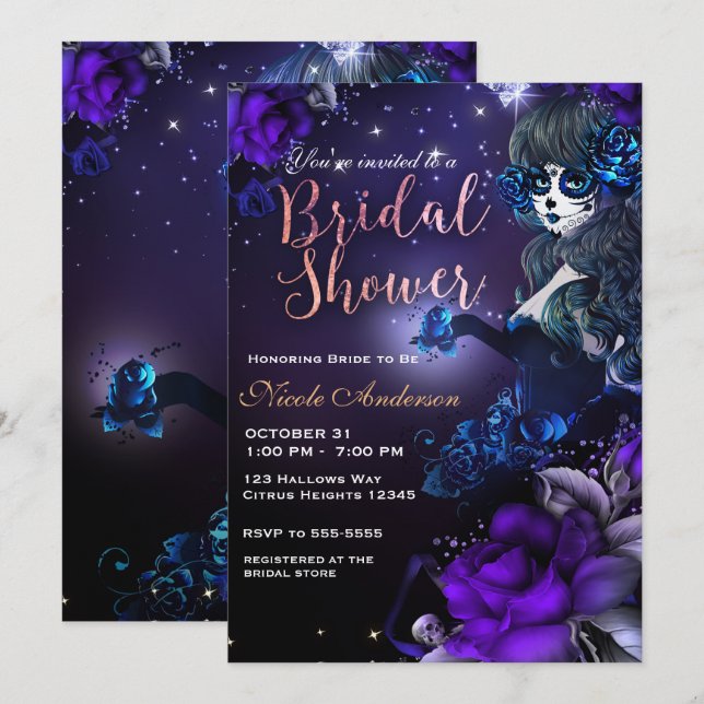 Day of the Dead Girl Purple Blue Bridal Shower Invitation (Front/Back)