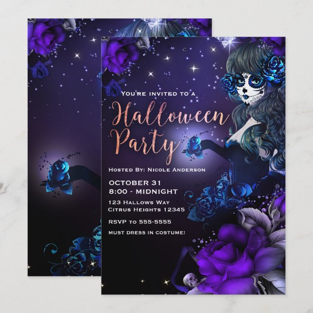 Day of the Dead Girl Purple Blue Halloween Party Invitation (Front/Back)