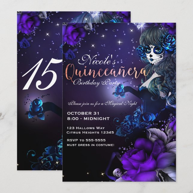 Day of the Dead Girl Purple Blue Quinceañera Party Invitation (Front/Back)